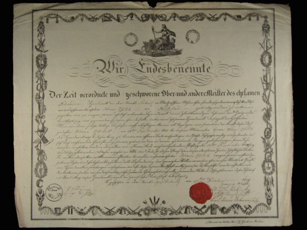 Židlochovice (Seelowitz), výuční list z roku 1829