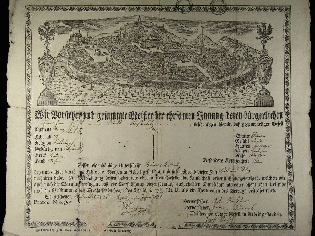 Brno, výuční list z roku 1828 s vedutou Brna