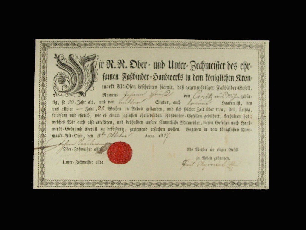 Ofen, výuční list z roku 1817