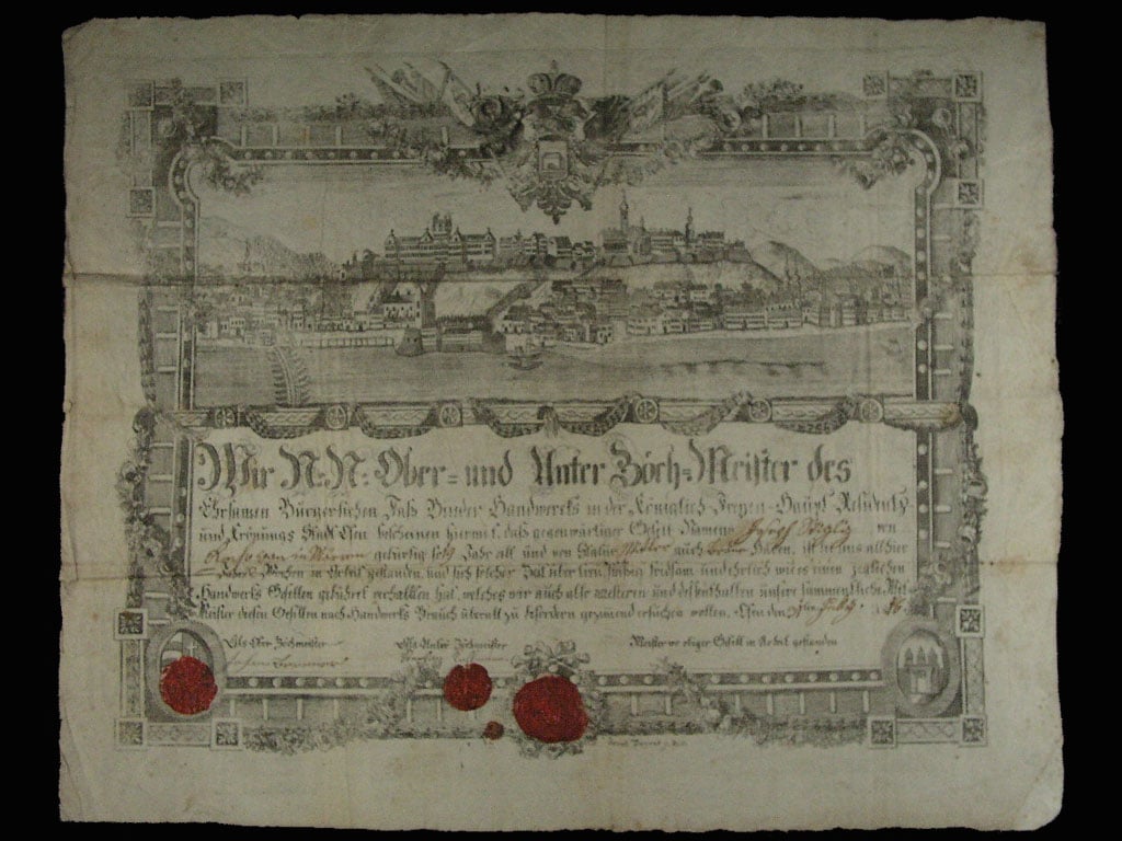 Ofen, výuční list z roku 1816 s vedutou, dekorativní