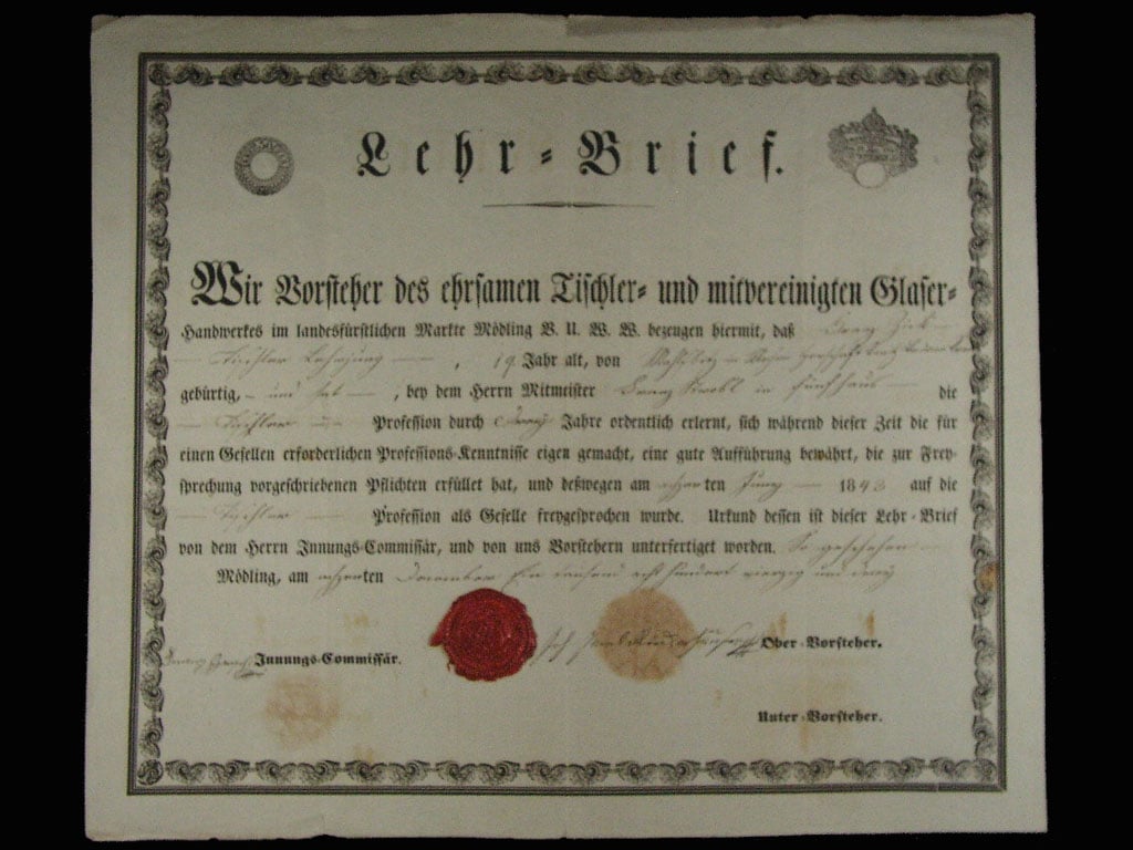 Mödling (Rakousko), výuční list z roku 1843