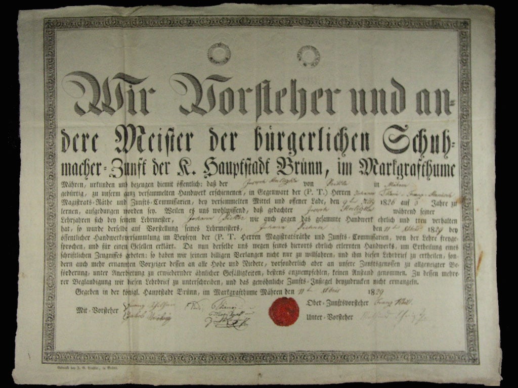 Brno, výuční list z roku 1829