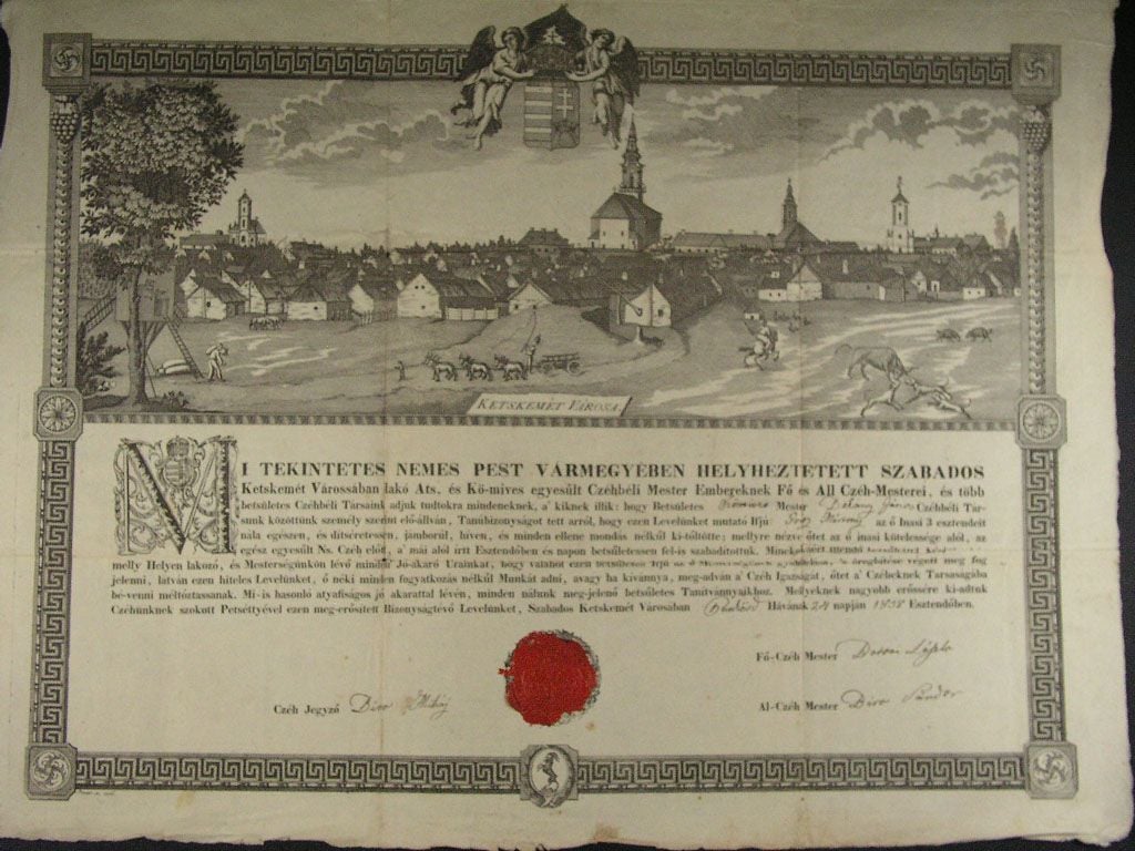 Ketskemét Városa, výuční list z roku 1838 s vedutou