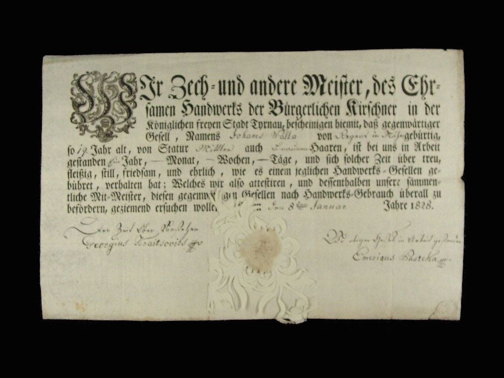 Trnava, výuční list z roku 1828