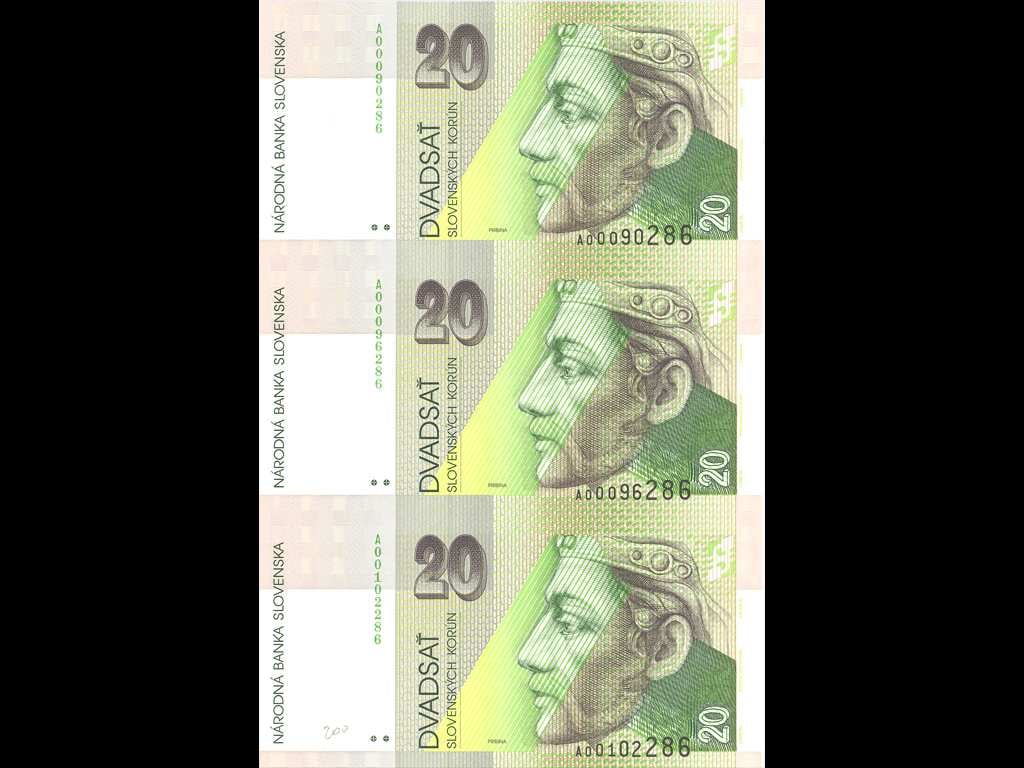 20 Sk 1.9.1993 s. A, nerozstřižené 3ks, Baj. SK 7a, Pi. 20a