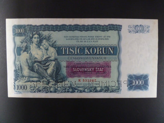 1000 Ks 25.5.1934 s přetiskem, série K, 2x perf. SPECIMEN dole