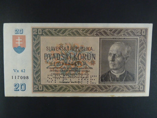 20 Ks 15.9.1939 serie Vx 42, perf. SPECIMEN dole