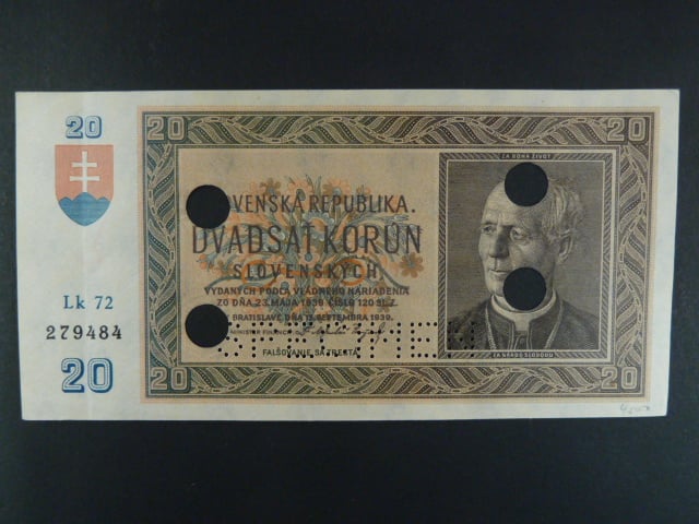 20 Ks 15.9.1939 serie Lk 72, perf. SPECIMEN dole + 4x skartační otvor