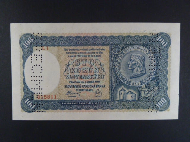 100 Ks 7.10.1940 II.vydání, série L 1, bankovní s 2x svisle perf. SPECIMEN