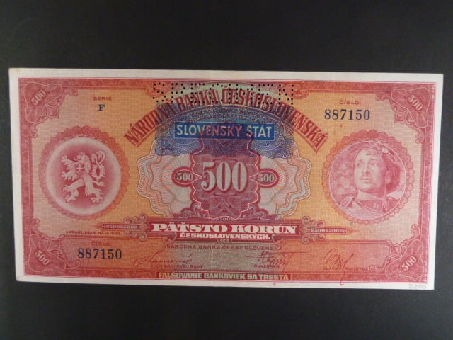 500 Ks 2.5.1929 s pretiskem, serie F, perf. SPECIMEN nahoře