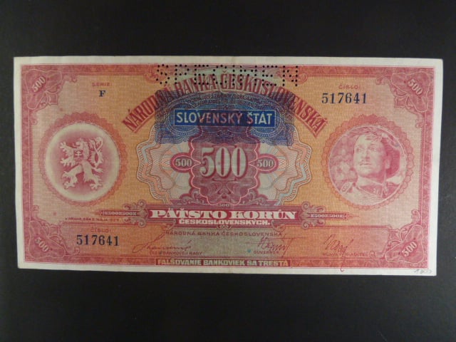 500 Ks 2.5.1929 s pretiskem, serie F, perf. SPECIMEN nahoře