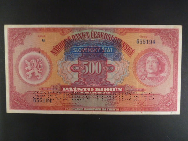 500 Ks 2.5.1929 s pretiskem, serie G, perf. 2x SPECIMEN dole