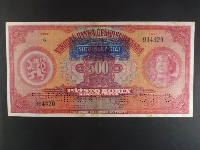 500 Ks 2.5.1929 s pretiskem, serie G, perf. 2x SPECIMEN dole