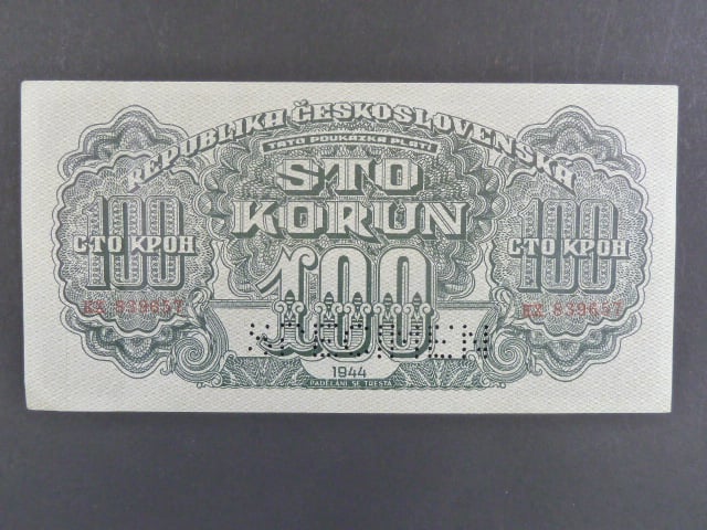 100 K 1944 série KX, číslovač 6b, 1x perf. SPECIMEN dole