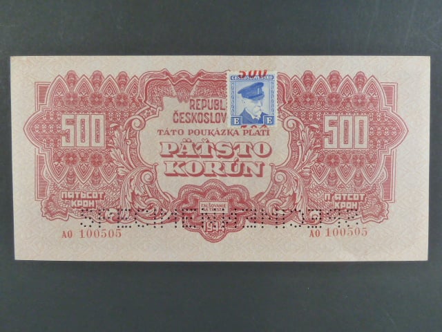 500 K 1944 kolkovaná série AO s chybně přetištěným kolkem - s posunem, 2x perf. SPECIMEN dole