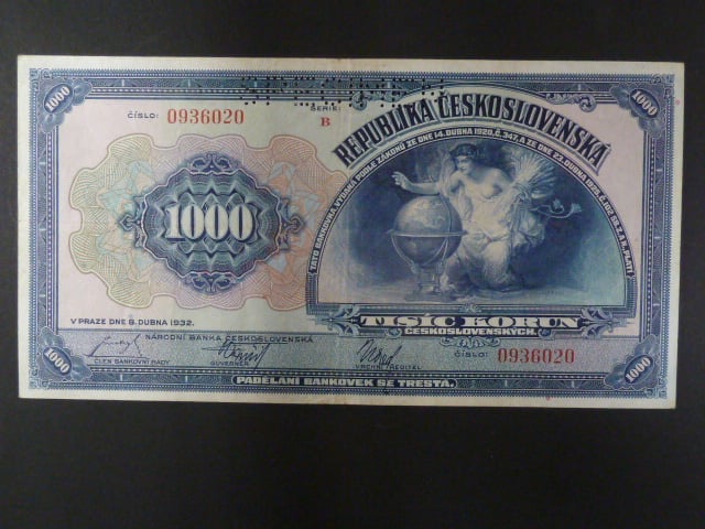 1000 Kč 8.4.1932, serie B, perforace SPECIMEN