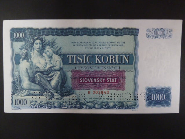 1000 Ks 25.5.1934 s přetiskem, série E, 2x perf. SPECIMEN dole