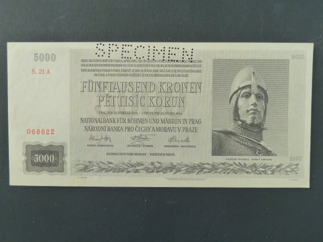 5000 K 24.2.1944 série 21 A, s šikmou perf. SPECIMEN