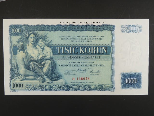 1000 Kč 25.5.1934, série H, perf. SPECIMEN