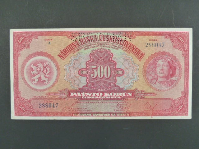 500 Kč 2.5.1929 série A, "MÁJA", 1x perf. SPECIMEN