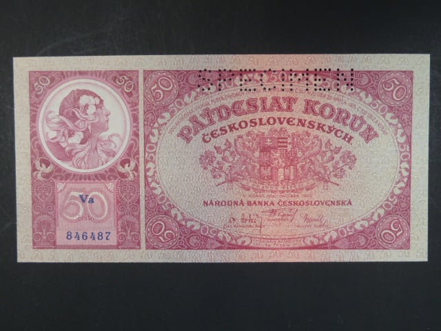 50 Kč 1.10.1929 série Va, perf. SPECIMEN