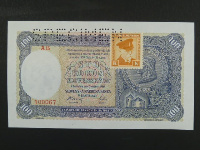 100 Ks 7.10.1940 I.vydání, kolkovaná série A15, perf. SPECIMEN