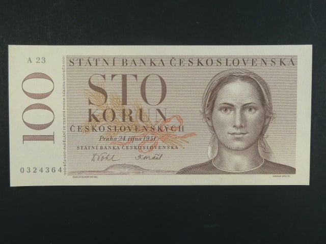 100 Kčs 24.10.1951 nevydaná, série A 23, původní exemplář s černomodrým číslovačem, bezvadná kvalita