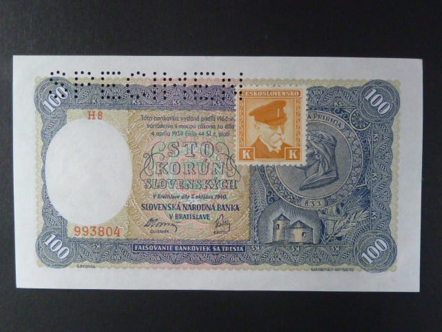 100 Ks 7.10.1940 I.vydání, kolkovaná série H8 perf. SPECIMEN
