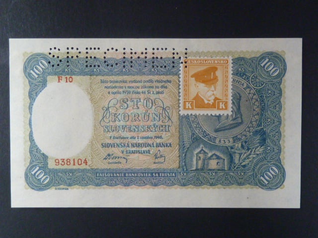 100 Ks 7.10.1940 II.vydání, kolkovaná série F 10, perf. SPECIMEN