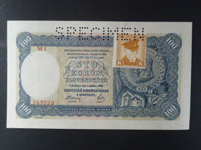 100 Ks 7.10.1940 II.vydání, kolkovaná série M 1, perf. SPECIMEN