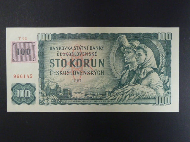 100 Kč 1961 s. T 93, kolek, Baj. CZ 1b, Pi. 1