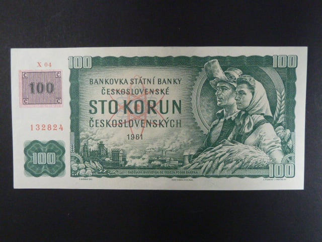 100 Kč 1961 s. X 04 (velká průsvitka) I.vydání, kolek, Baj. CZ 1d, Pi. 1
