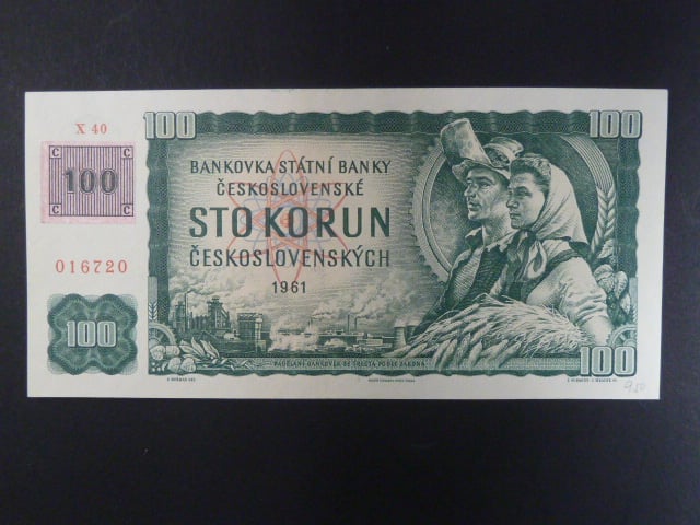 100 Kč 1961 s. X 40 (velká průsvitka) I.vydání, kolek, Baj. CZ 1d, Pi. 1