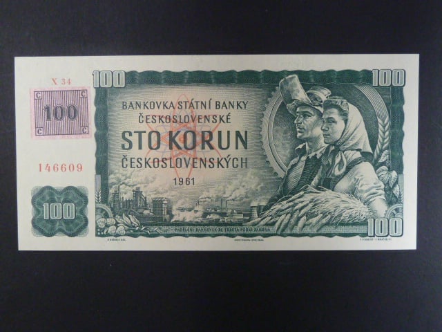 100 Kč 1961 s. X 34 (malá průsvitka) II.vydání, kolek, Baj. CZ 1e, Pi. 1