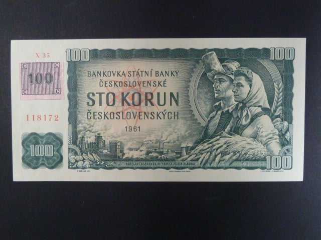100 Kč 1961 s. X 35 (malá průsvitka) II.vydání, kolek, Baj. CZ 1e, Pi. 1