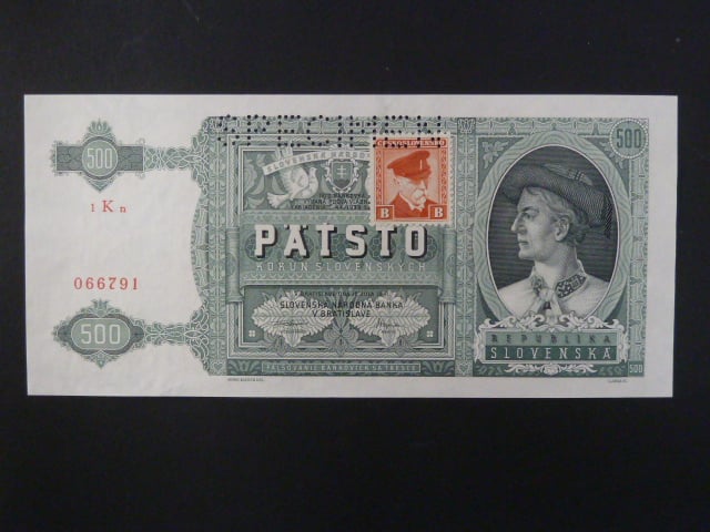 500 Ks 12.7.1941 kolkovaná série 1Kn, 1x perf. SPECIMEN nahoře