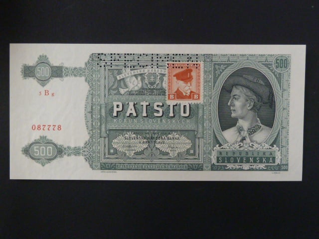 500 Ks 12.7.1941 kolkovaná série 5Bg, 1x perf. SPECIMEN nahoře