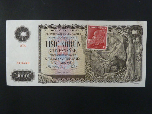 1000 Ks 25.11.1940, kolkovaná série 2T4, 1x perf. SPECIMEN nahoře