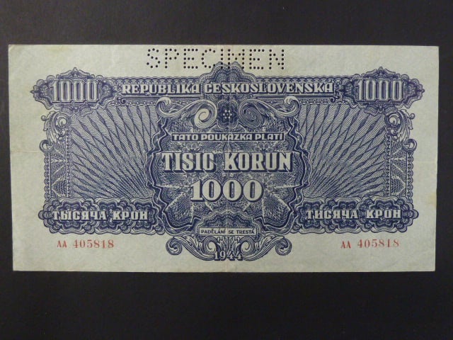 1000 K 1944 série AA, 1x perf. SPECIMEN nahoře