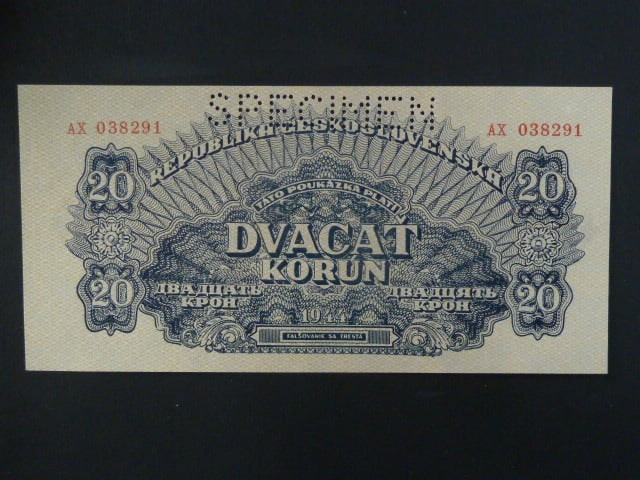 20 K 1944 série AX, číslovač 6b, 1x perf. SPECIMEN nahoře