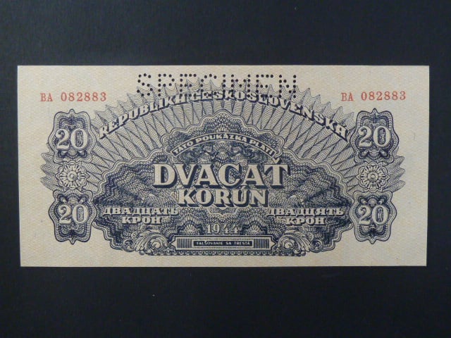 20 K 1944 série BA, číslovač 6b, 1x perf. SPECIMEN nahoře