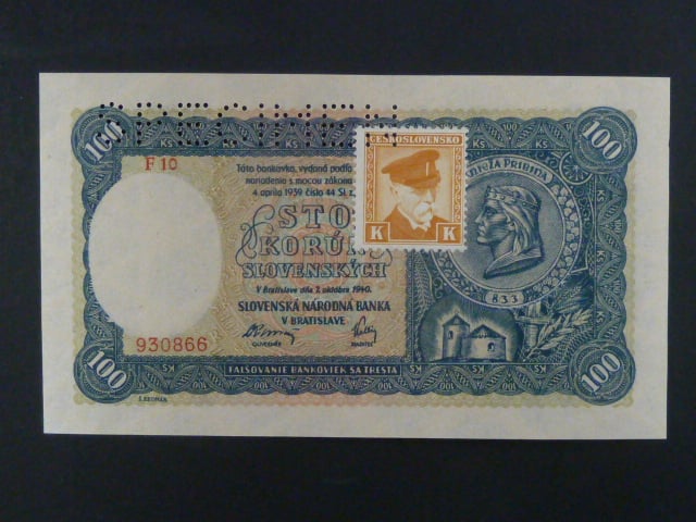 100 Ks 7.10.1940 II.vydání, kolkovaná série F 10, perf. SPECIMEN