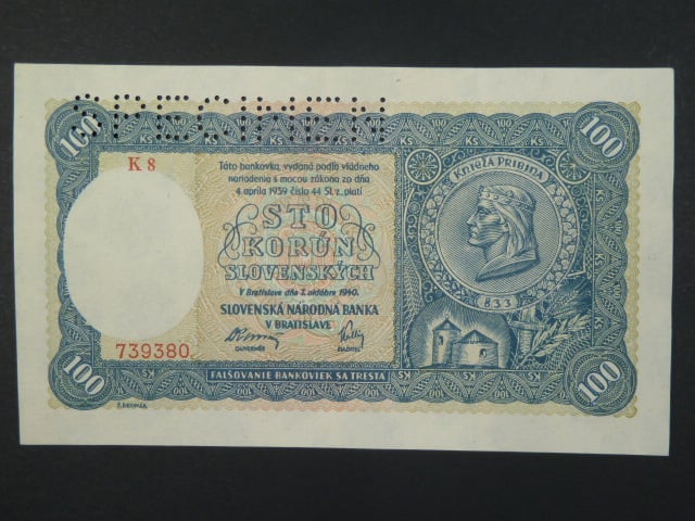 100 Ks 7.10.1940 II.vydání, série K 8, 1x perf. SPECIMEN nahoře