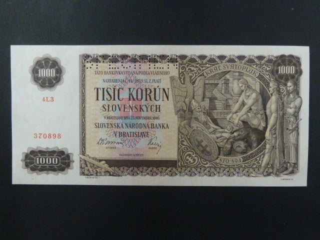 1000 Ks 25.11.1940 série 4L3, 1x perf. SPECIMEN nahoře