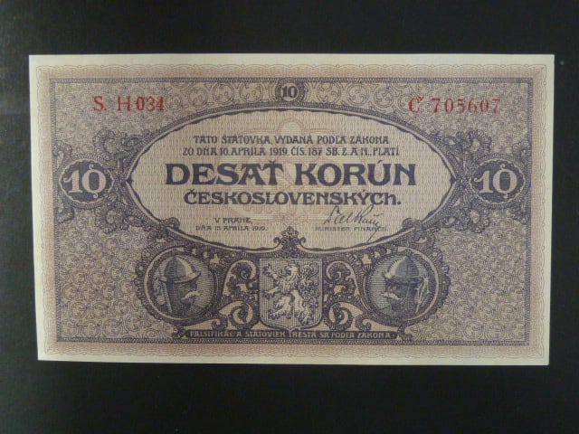 10 Kč 15.4.1919, serie H 034, malá oprava v levém okraji