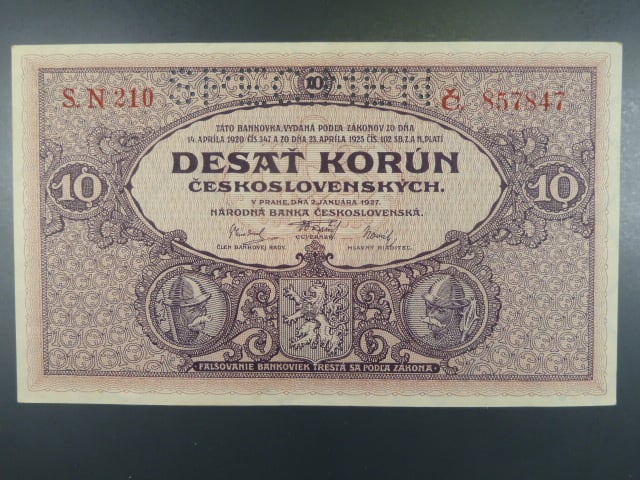 10 Kčs 2.1.1927 série N 210, perf. SPECIMEN