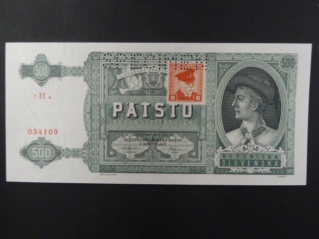 500 Ks 12.7.1941 kolkovaná série 4Ah, 1x perf. SPECIMEN nahoře