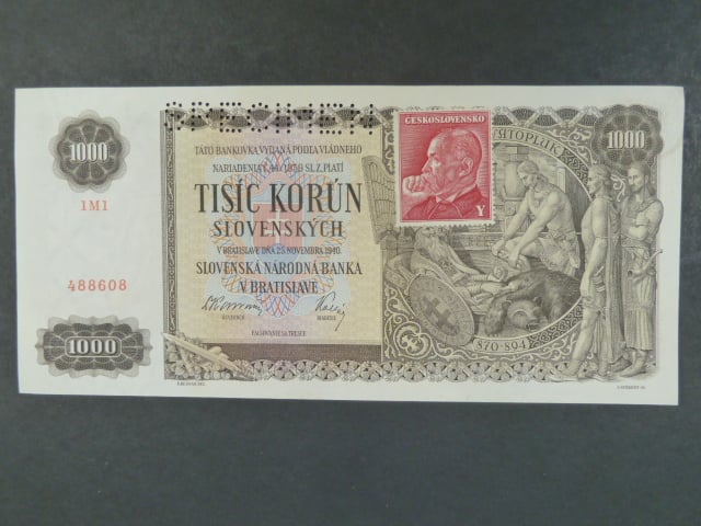1000 Ks 25.11.1940, kolkovaná série 6N6, perf. SPECIMEN