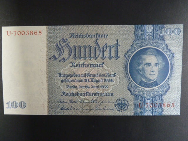 Německo, 100 RM 1935 série U, mírové vydání, podtiskové písmeno B