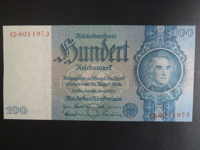 Německo, 100 RM 1935 série Q, mírové vydání, podtiskové písmeno G